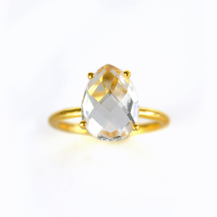 Clear Quartz Teardrop Prong Set Ring • April Birthstone