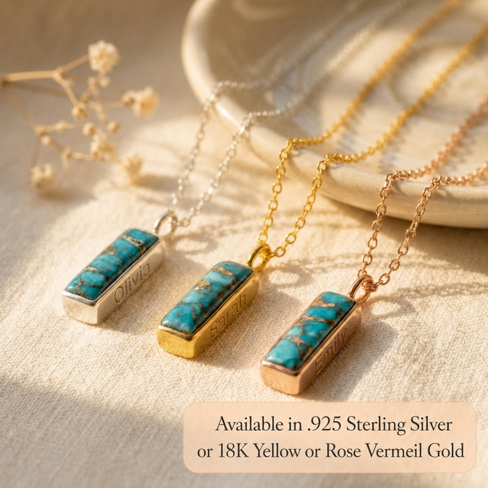 Copper turquoise necklaces in sterling silver, yellow gold, and rose gold finishes with personalized names.