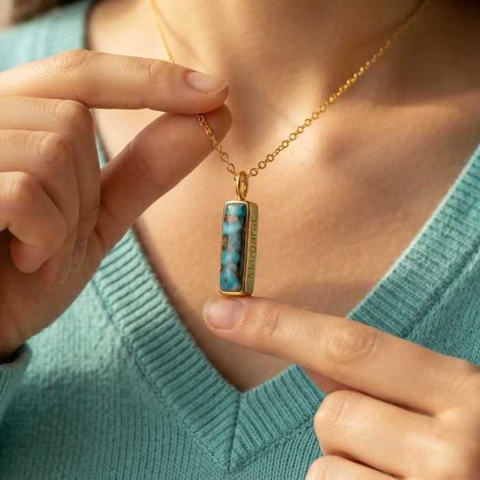 Personalized Adira bar necklace with copper turquoise stone and hidden side engraving.