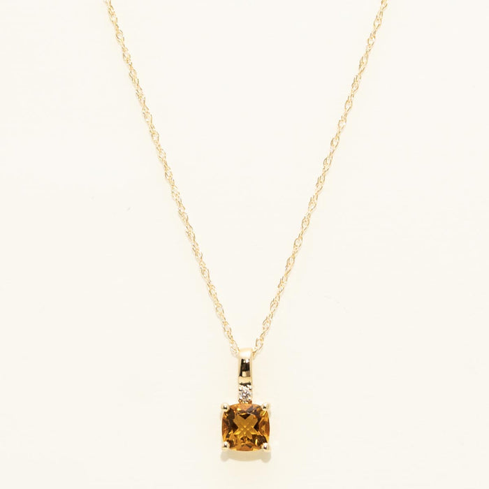 Cushion Cut Citrine Necklace in 10kt Yellow Gold with Diamond (.01ct)