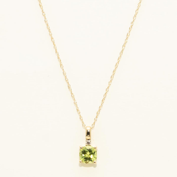 Cushion Cut Peridot Necklace in 10kt Yellow Gold with Diamond (.01ct)