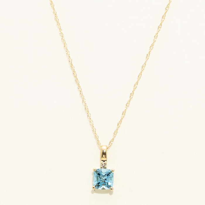 Cushion Cut Swiss Blue Topaz Necklace in 10kt Yellow Gold with Diamond (.01ct)