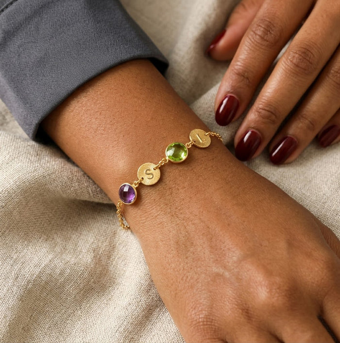 Custom birthstone bracelet with initials for mom gold charm bracelet gift