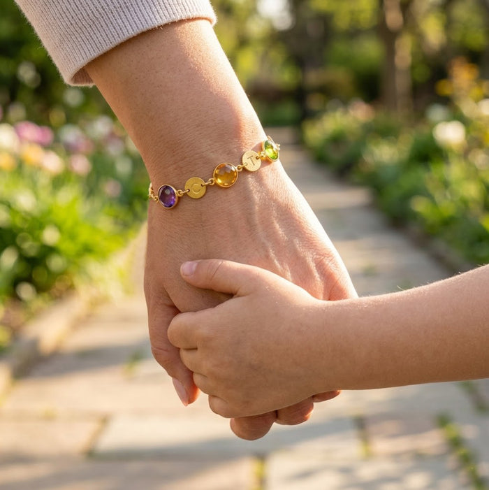 Gold birthstone bracelet with letter charms gift for mom mothers day