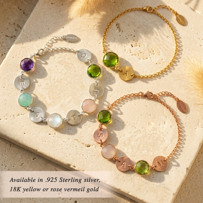 Personalized mom bracelet with birthstones and initials dainty rose gold or sterling silver chain