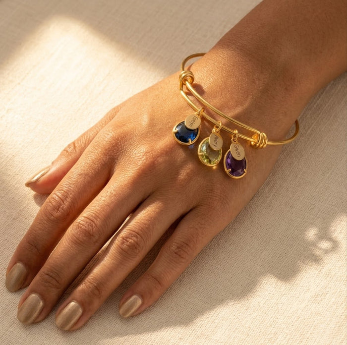 Personalized grandma bangle with children’s names and birthstone charms