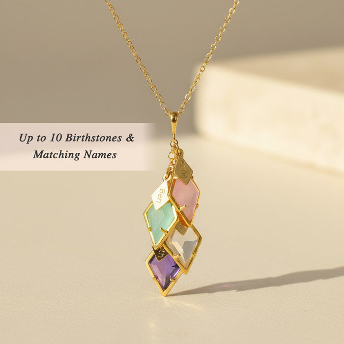 Personalized birthstone and name necklace for mom with cascading diamond shaped gemstones and engraved name tags, custom family birthstone jewelry gift for mother or grandma