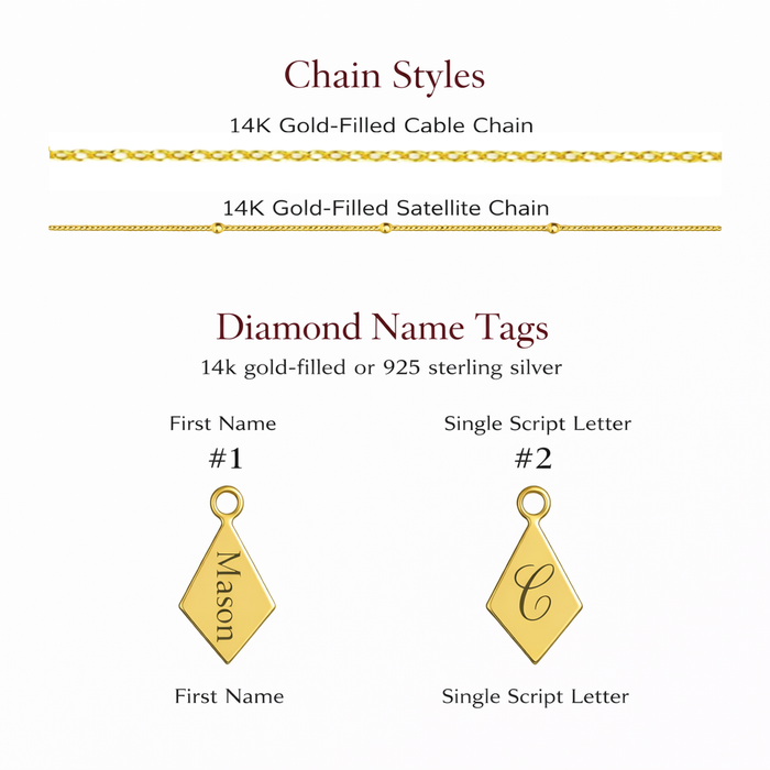 Gold filled cable and satellite chains are available for this style necklace. Diamond name tags can be engraved with a name or single script initial.