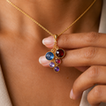 Custom cascade birthstone necklace worn on model with colorful round gemstones representing children, grandchildren, or loved ones.