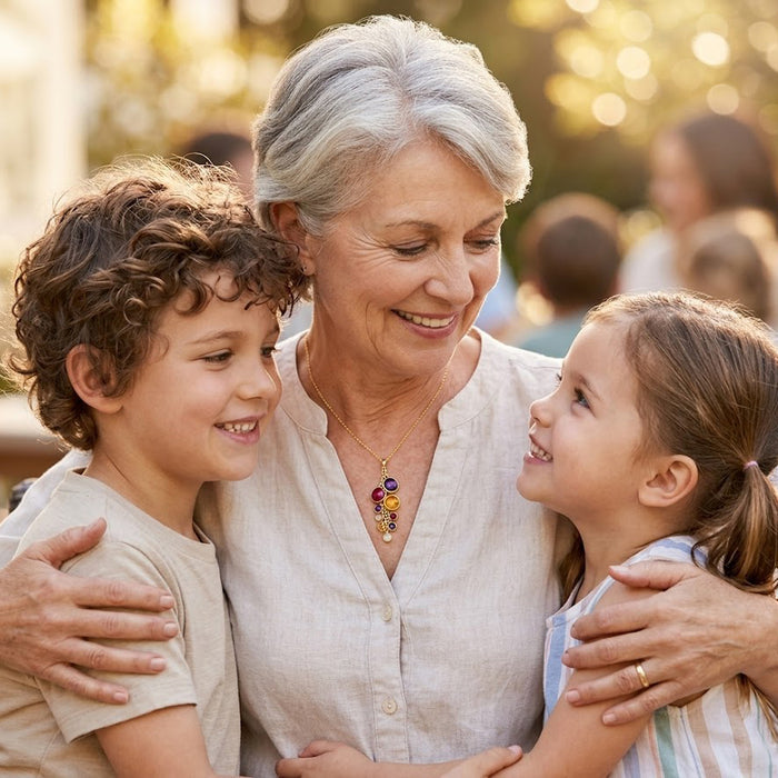 Grandmother with grandchildren wearing a personalized birthstone necklace, styled as a grandma or Nana gift.