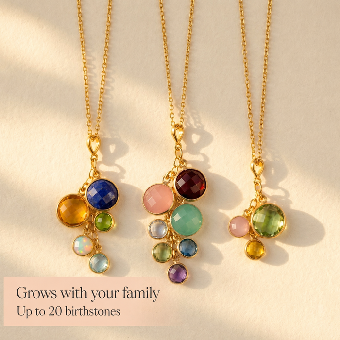 Custom birthstone necklace with colorful round gemstone charms, designed to grow with your family up to multiple birthstones.