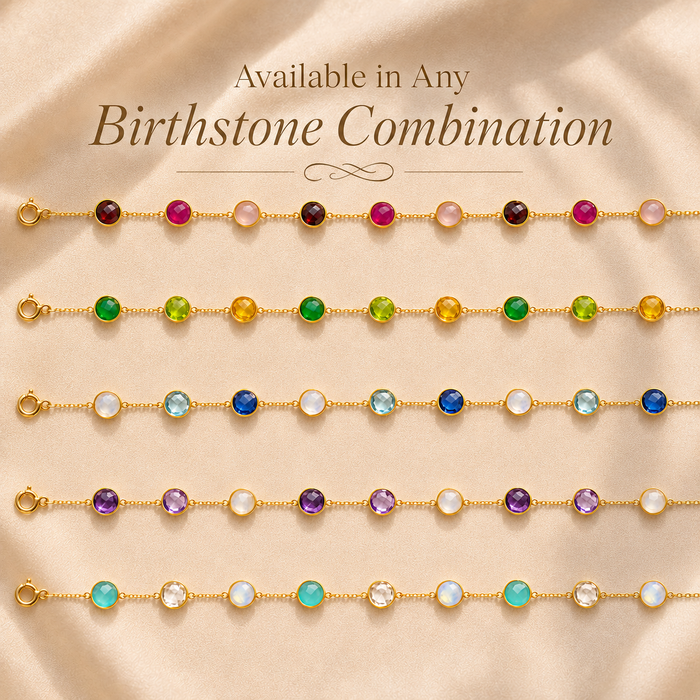 Personalized station necklaces shown in coordinated birthstone combinations with colorful natural gemstone connectors