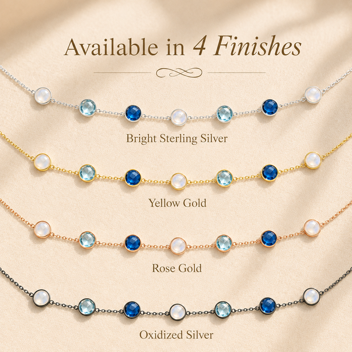 Natural birthstone station necklace available in bright silver, yellow gold, rose gold and oxidized silver finishes