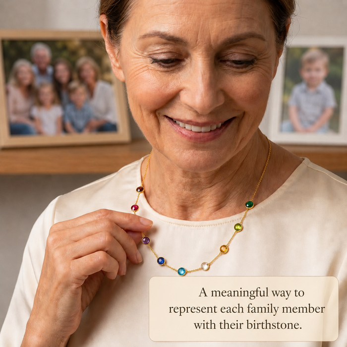 Grandmother wearing a personalized family birthstone necklace representing children and grandchildren