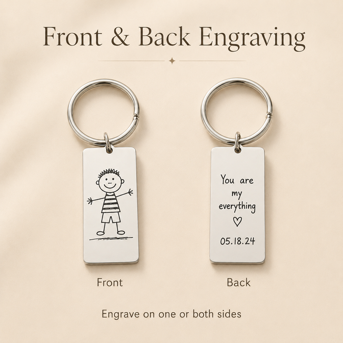 Front and back engraving guide showing a child’s drawing on the front and a handwritten message and date on the reverse.