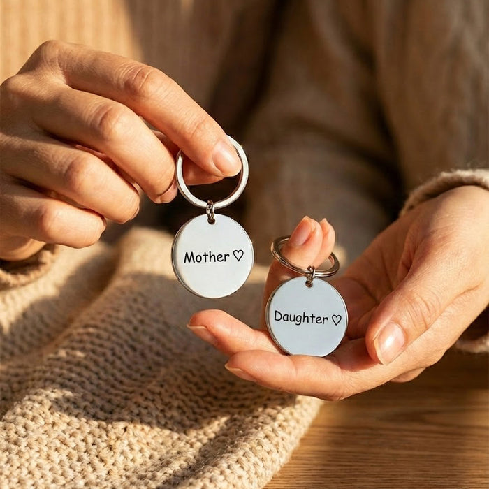 Custom engraved circle keychain held between adult and child hands, highlighting sentimental engraving. Personalized round keychain designed as a meaningful family keepsake gift from kids. Thoughtful engraved keychain for Father’s Day, Mother’s Day, or gifts celebrating parent-child bonds.