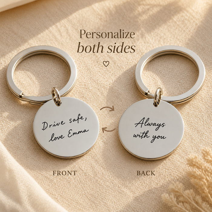 Two-sided personalized keychain example showing front and back engraving options.