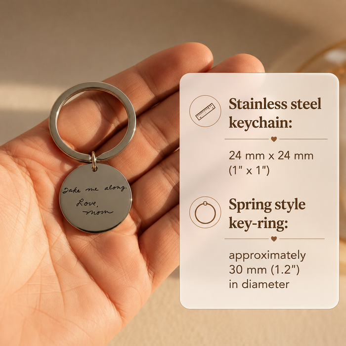 Two-sided personalized keychain example showing front and back engraving options.