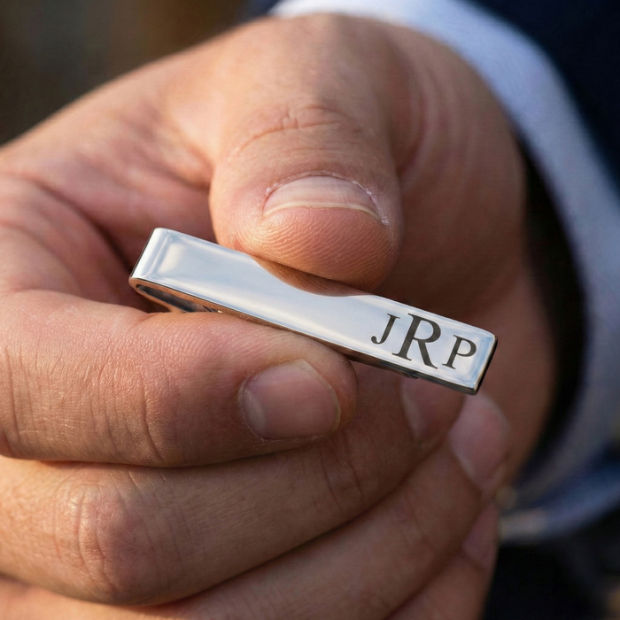 Custom engraved tie clips displayed in gold, silver, and black finishes, featuring personalized engravings including initials, names, and meaningful text. Minimalist men’s tie bar designed as a wedding tie clip, groom gift, anniversary present, or everyday accessory. Personalized men’s jewelry crafted as a thoughtful gift for husband, fiancé, boyfriend, or father, perfect for weddings, formal events, and professional wear.