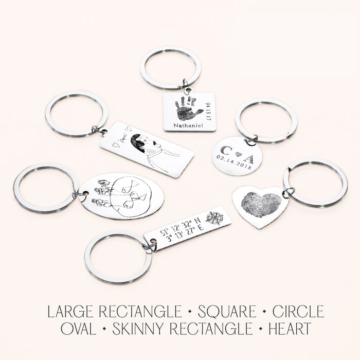 Silver Stainless Steel Keychain Shape Options for Customization including: Large Rectangle Keychain, Square Keychain, Circle Keychain, Oval Keychain, Skinny Rectangle Keychain, and Heart Keychain