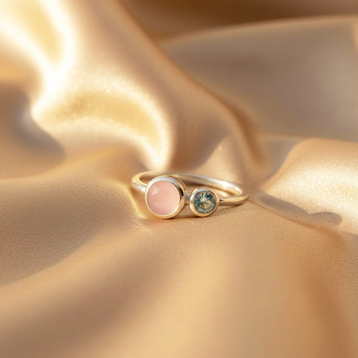 Sterling silver double birthstone ring with pink and aqua gemstones, dainty minimalist family jewelry, personalized mother’s ring for kids’ birthstones