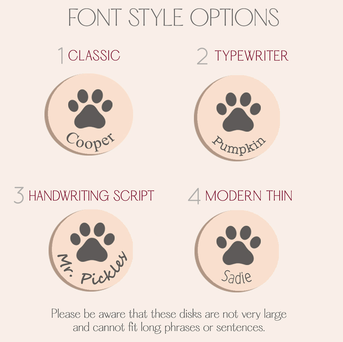 Font style options chart for custom paw print ring, displaying four paw icons labeled with classic, typewriter, handwriting script and modern thin font choices, helping customers pick lettering for their pet’s name or date. Informational image that supports the personalized dog or cat memorial ring listing, showing customization choices for engraved text on the paw print disc.