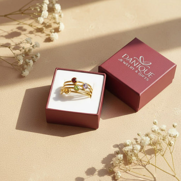 Danique Jewelry gift box with stackable birthstone ring set, ready to gift personalized mother rings for birthday, Mother’s Day, or Christmas