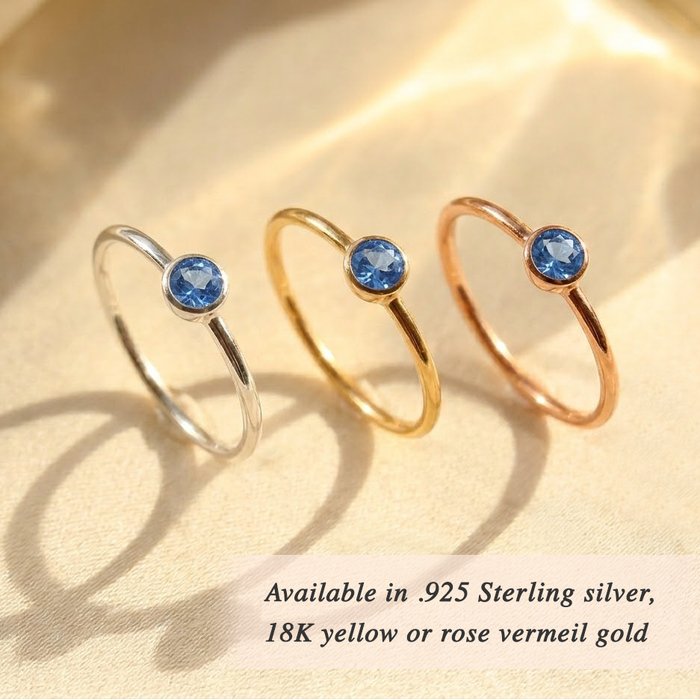 Three dainty kyanite rings in sterling silver, yellow gold and rose gold, September birthstone sapphire alternative rings