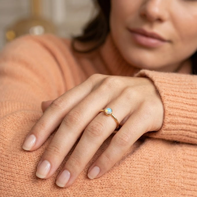 Hand modeling fire opal ring, delicate October birthstone stacking ring in gold