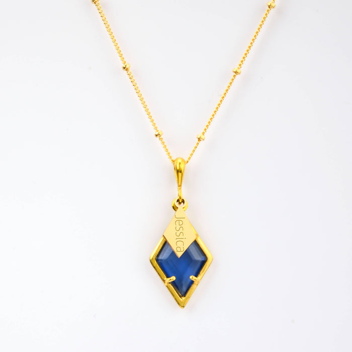 Diamond Shaped Birthstone and Name Necklace : September Kyanite