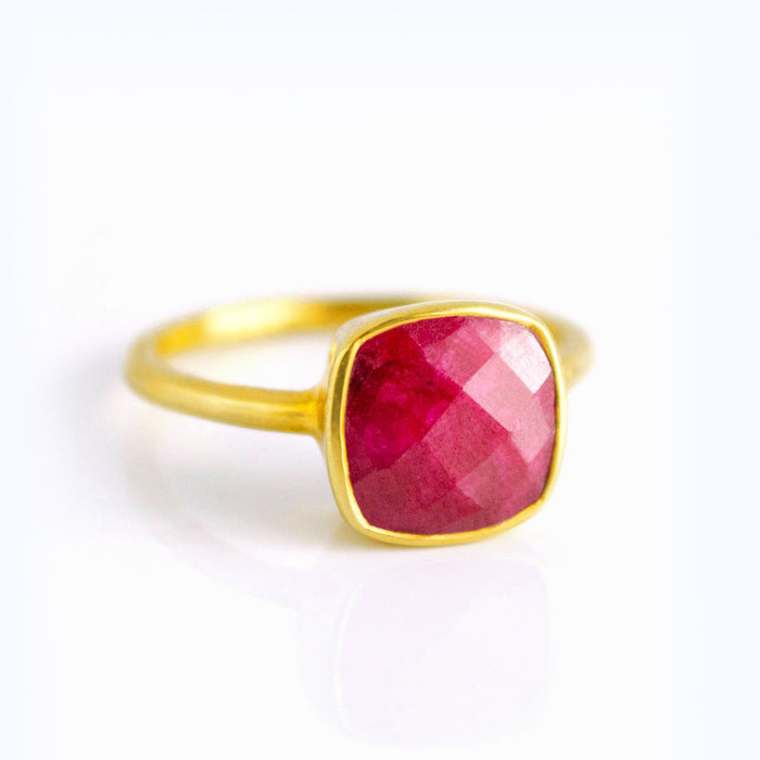 Gold plated dyed ruby ring, july birthstone jewelry, red ruby gemstone ring, square cushion faceted ruby, Bezel set ring, Sterling silver ring, ruby gift, july birthday gift, pink ring for her, birthstone ring, july birthstone