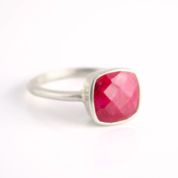 sterling silver dyed ruby ring, july birthstone jewelry, red ruby gemstone ring, square cushion faceted ruby, Bezel set ring, Sterling silver ring, ruby gift, july birthday gift, pink ring for her, birthstone ring, july birthstone