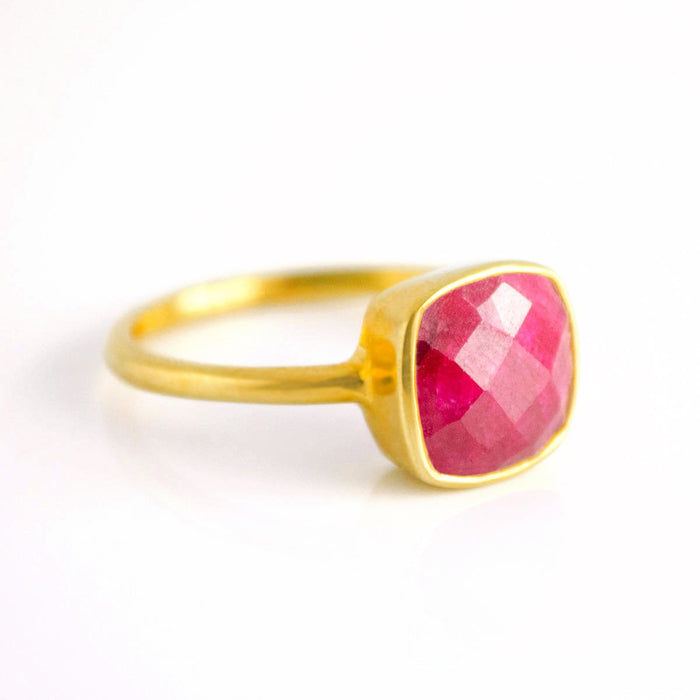 Gold plated dyed ruby ring, july birthstone jewelry, red ruby gemstone ring, square cushion faceted ruby, Bezel set ring, Sterling silver ring, ruby gift, july birthday gift, pink ring for her, birthstone ring, july birthstone