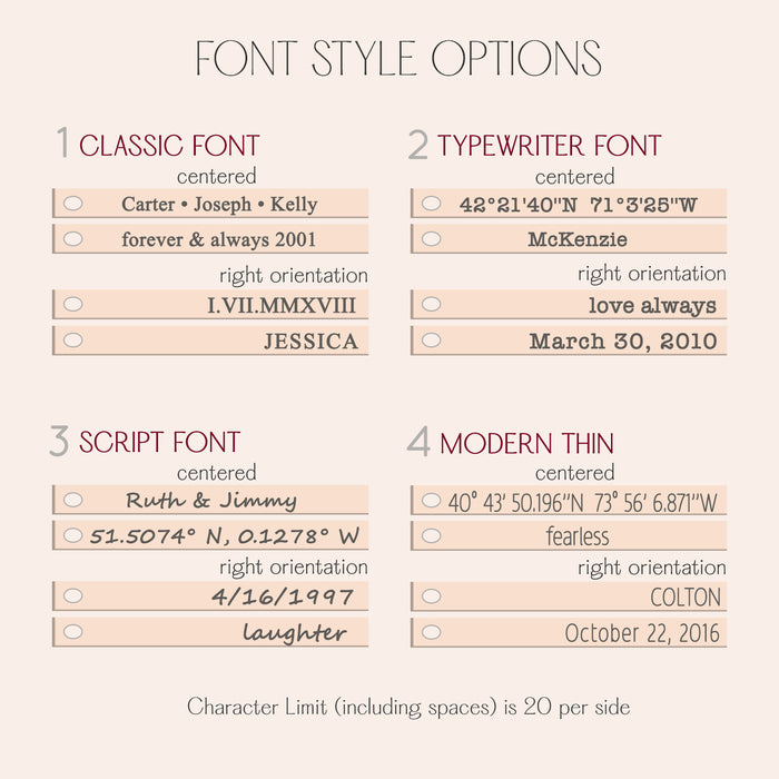 Reference chart showing classic, typewriter, script and modern fonts available for the 3D bar engraving. Choose letter styles for a custom initial necklace or longer name phrases. This guide helps customers visualize their engraved bar pendant before ordering—ideal for coordinating sets such as bridal party or graduation gifts.