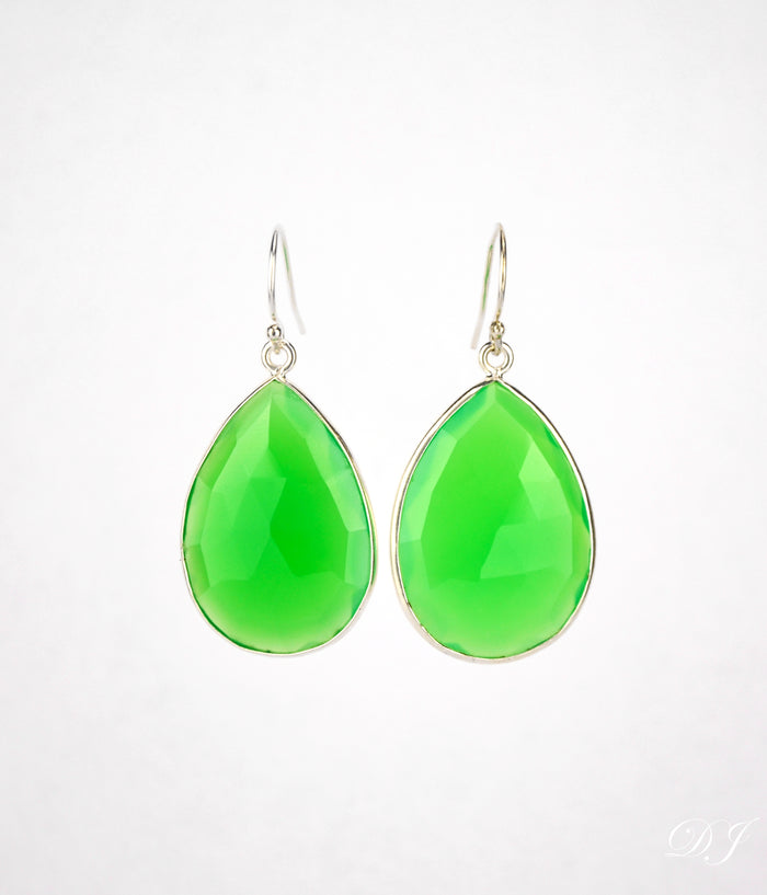 Faceted Green Chalcedony Teardrop Bezel Set Earrings - August Birthstone