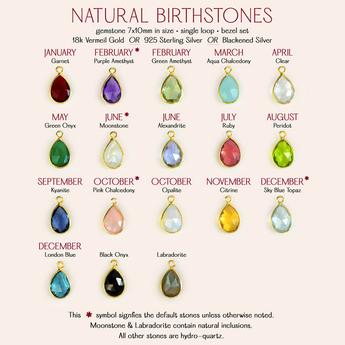 Birthstone guide for the lariat teardrop necklace, showing gemstone options for each month: January Garnet, February Amethyst, March Aquamarine, April Clear Quartz, May Emerald, June Pearl or Moonstone, July Ruby, August Peridot, September Sapphire, October Opal, November Citrine, December Blue Topaz or Turquoise. A helpful chart for choosing the perfect personalized family necklace.