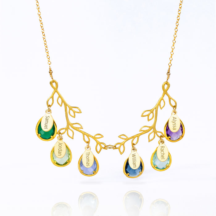 Tree branch necklace in gold filled with full engraved names on oval tags and prong set green onyx, green amethyst, alexandrite, kyanite, blue topaz or purple amethyst birthstones.