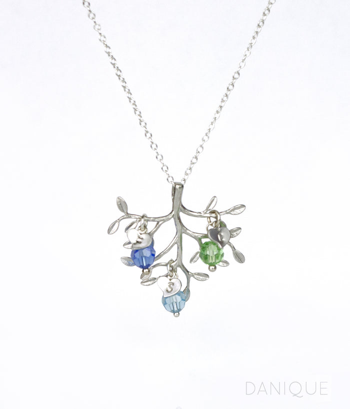 Family Tree Necklace with Kids Birthstone Crystals and Initials