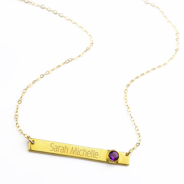 February Custom Bar Necklace with Bezel Birthstone