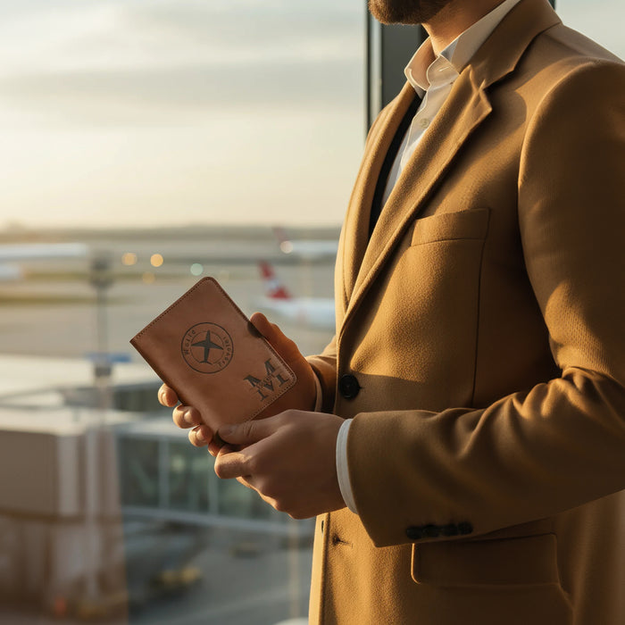 Personalized leather passport holder in warm brown shown in the hands of a well-dressed man at the airport, with engraved travel emblem and monogram initials on the front cover, styled against a window overlooking airplanes and runway. Custom engraved passport wallet and travel document case, a sophisticated gift for him, husband, boyfriend, dad, graduate or groomsmen, perfect for frequent flyers, honeymoons and business trips.