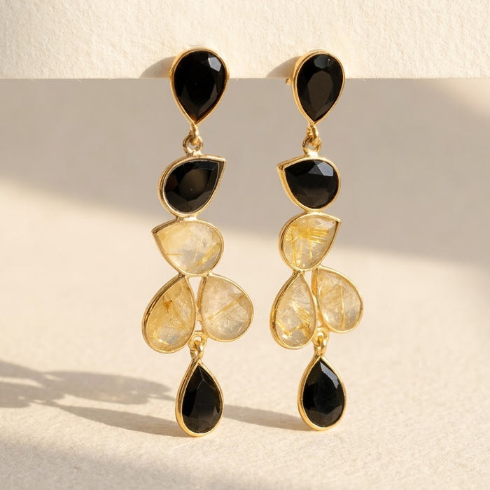 Elegant gemstone earrings with golden rutilated quartz and black onyx