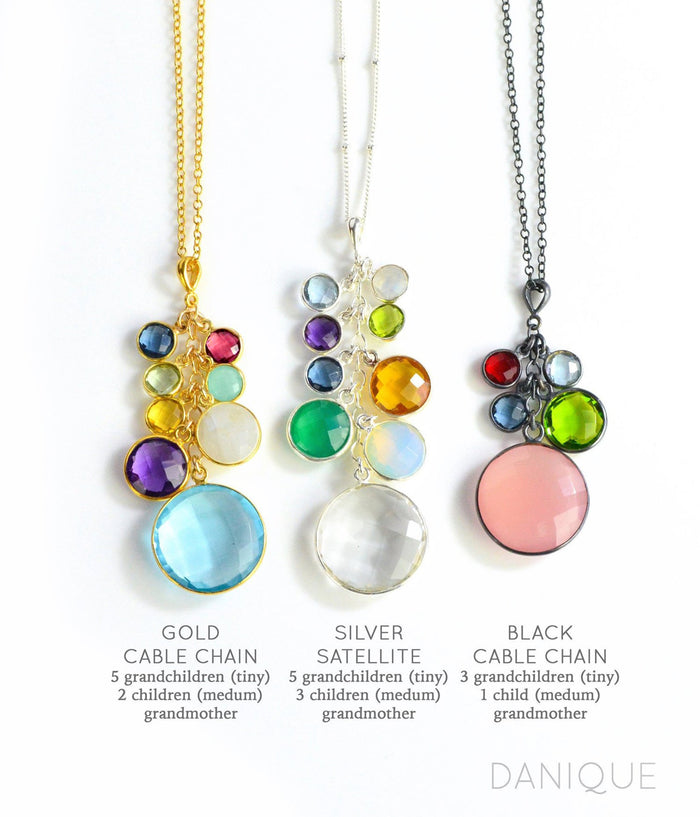 3 necklaces in gold, silver and oxidized silver with an assortment of birthstones to represent multiple children and grandchildren.Vermeil Gold Sterling Silver Oxidized Silver Metal Grandma Necklaces With Birthstones, Birthday gift for grandma, anniversary gift for wife