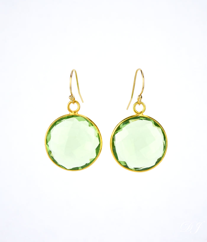 Green Amethyst large round Vermeil Gold or Sterling Silver bezel set Earrings - February Birthstone