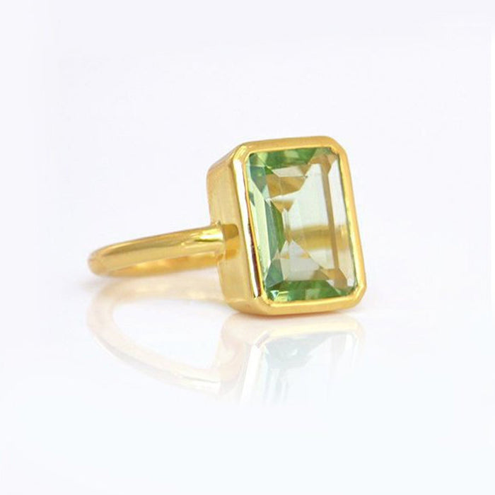 Green Amethyst rectangle bezel set ring: February Birthstone