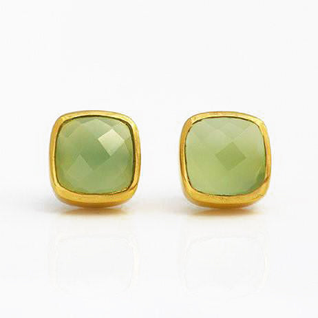 Green Chalcedony Cushion Bezel Set Stud Earrings - August Birthstone