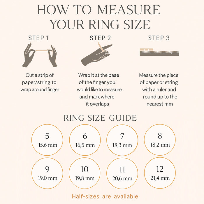 How to measure your ring size guide on a soft beige background with elegant icons and Hatton-style font. Step 1 shows hands cutting a paper or string strip; Step 2 wraps it around the finger and marks the overlap; Step 3 measures the strip against a ruler and rounds to the nearest millimeter. Below, a ring size chart lists sizes 5–12 with inner diameters: 15.6, 16.5, 18.3, 18.2, 19.0, 19.8, 20.6, 21.4 mm, plus note that half-sizes are available. Ideal for jewelry shoppers.