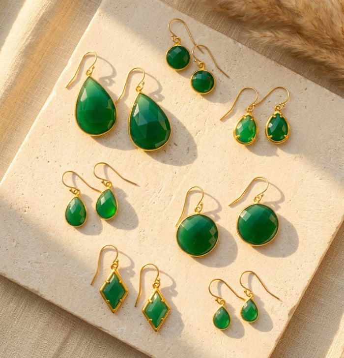green onyx earring collection gold drop earrings emerald gemstone earrings multiple shapes bezel set