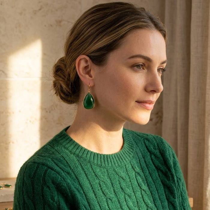 emerald green onyx earrings gold dainty drop earrings may birthstone jewelry minimalist look