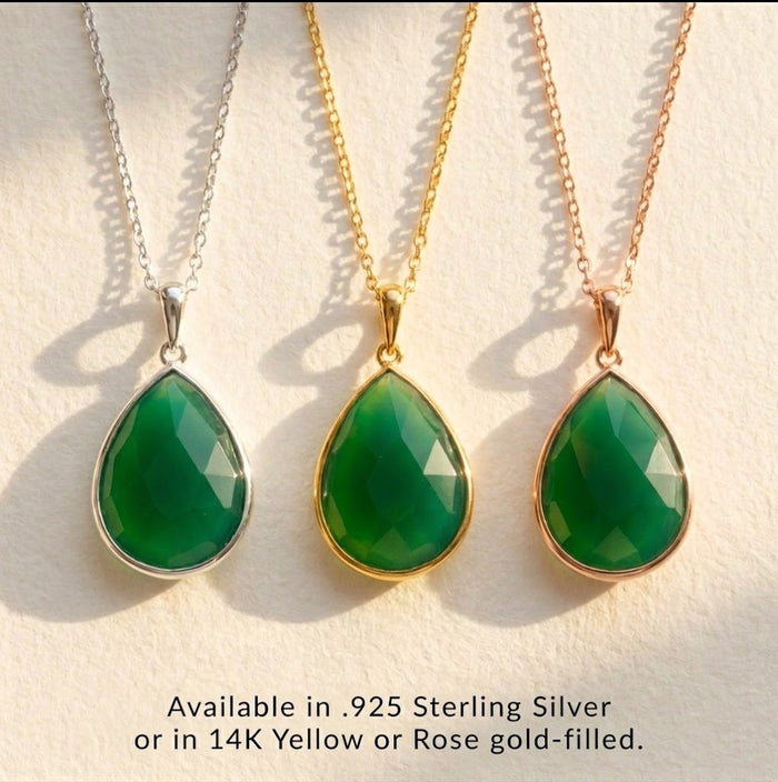 reen onyx teardrop necklace gold bezel pendant may birthstone jewelry