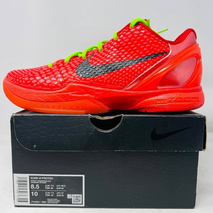 Nike Kobe 6 Protro Reverse Grinch sneakers with clean uppers and slight heel drag, 2023 model
